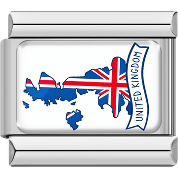 Silver-bordered Italian charm with the map of the United Kingdom filled with the Union Jack flag and a curved banner that says “United Kingdom.”
